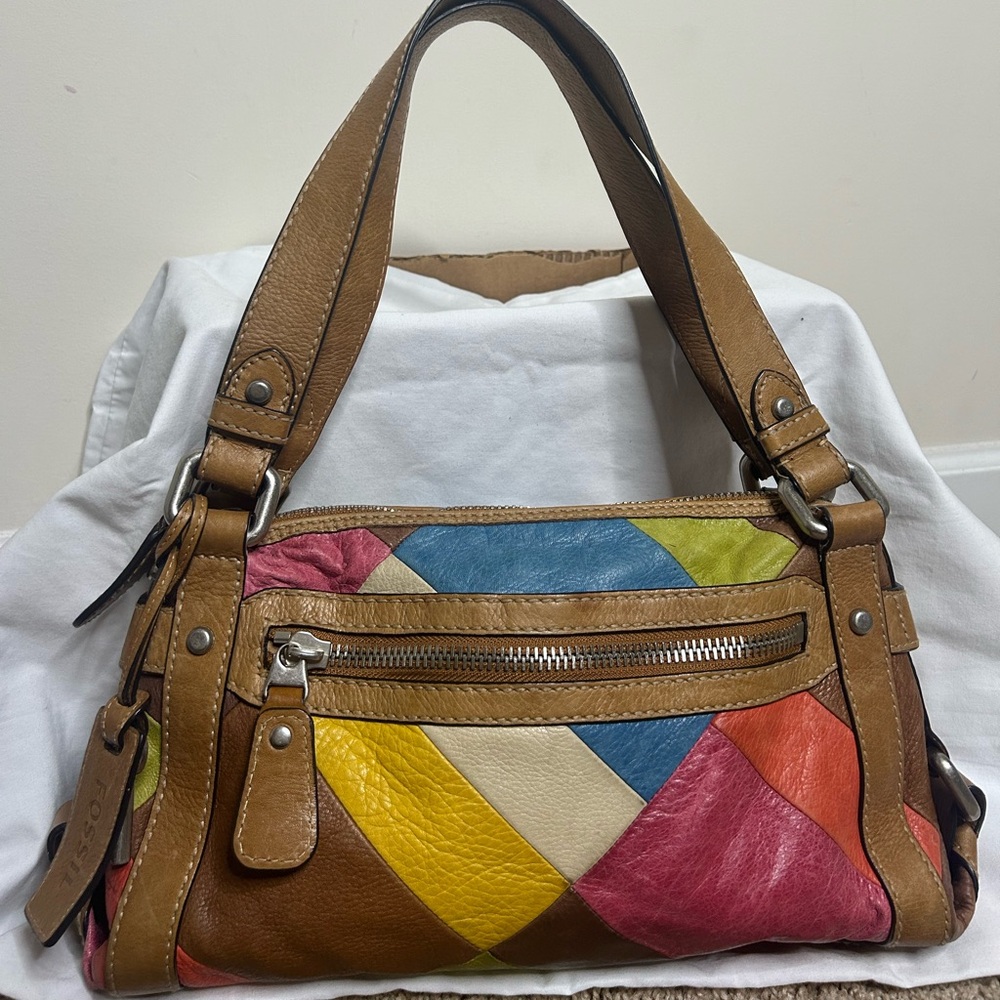 Vintage Y2K Fossil Patchwork Leather Shoulder Bag Colorblock Boho Purse